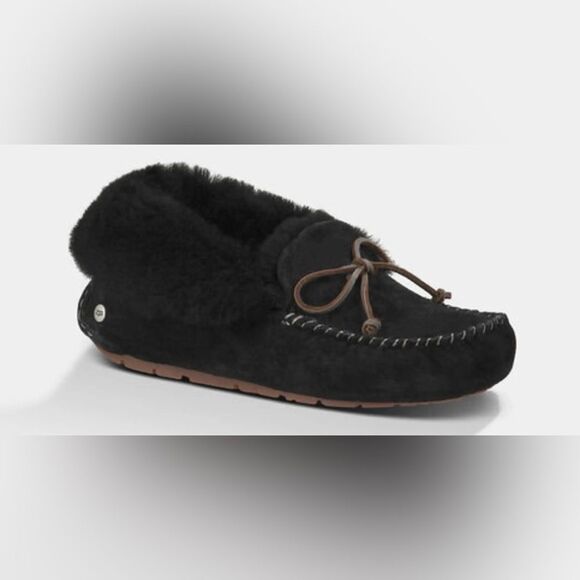UGG Alena Flip Cuff Mock Slipper - Black Suede & Sherpa | Size Kids 2 - Picture 2 of 10